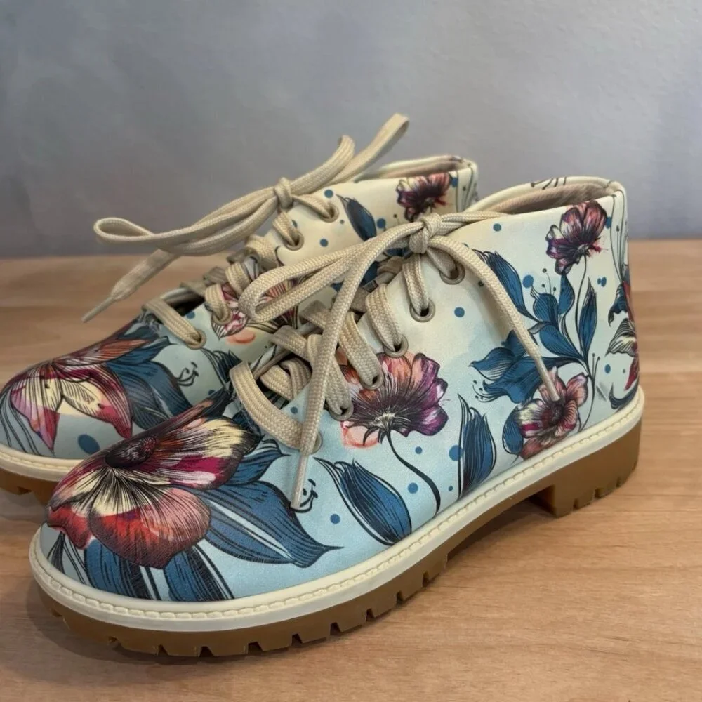 Mumka 36 Vegan Green Flowers Ankle Lace Up Floral Artisan Festival Boots (READ)